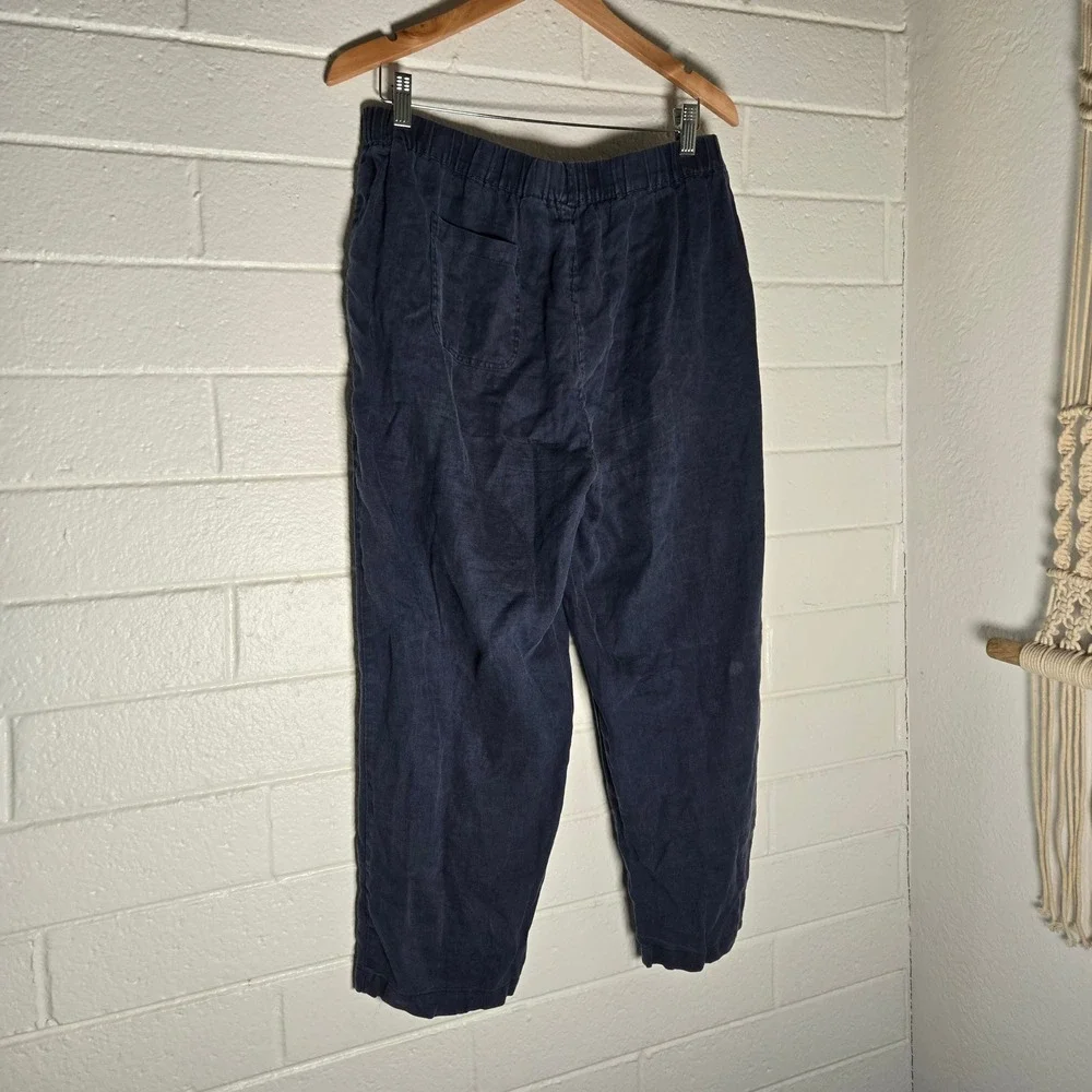 Quince Women Linen Pants Navy Large Elastic Waist Relaxed Cropped Boho Resort